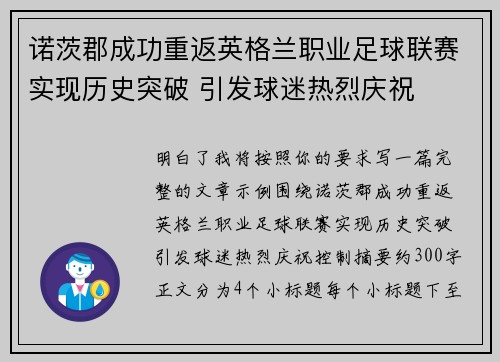诺茨郡成功重返英格兰职业足球联赛实现历史突破 引发球迷热烈庆祝